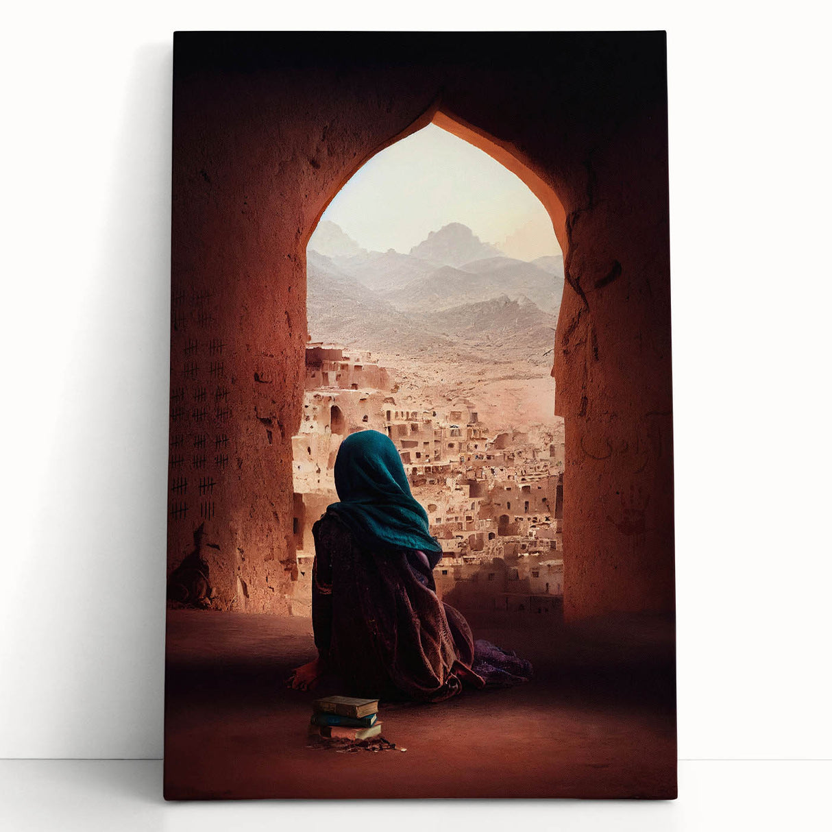 Black and white panoramic photo of Afghan landscape on stretched canvas, suitable for kitchen wall art or bedroom.