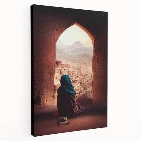Large canvas print featuring a serene Afghan landscape in muted earth tones, ideal for kitchen wall art.