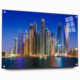 Acrylic print of Dubai skyline in muted earth tones, suitable for bedroom or dining room decor.