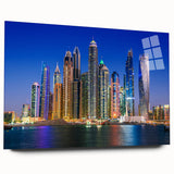 Large abstract wall art of Dubai skyline in muted gray and blue tones on acrylic glass.