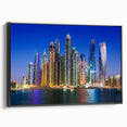 Black and white framed canvas of Dubai skyline, featuring vintage poster art style, ideal for bedroom wall decor.