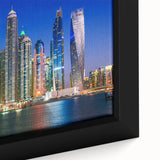 Extra large framed canvas featuring a textured depiction of Dubai's skyline in black with colorful accents.