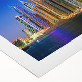 Art deco poster of Dubai skyline in muted gold and blue tones on rolled canvas, ideal for dining room wall art.