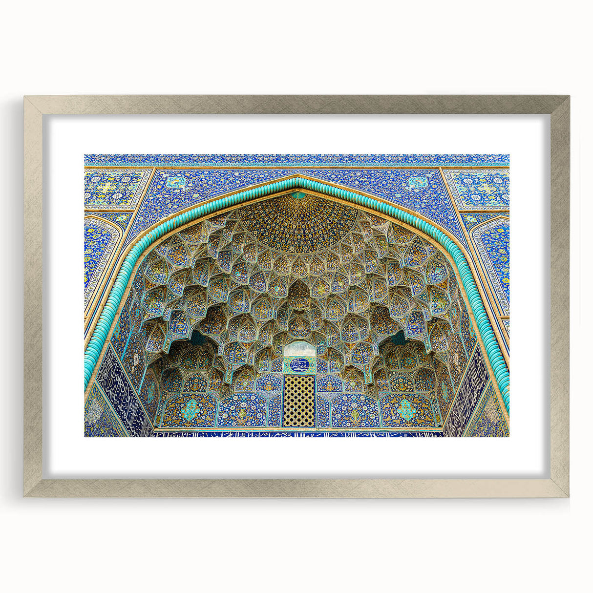 Textured abstract art print depicting a Middle Eastern scenery in muted earth tones on a framed silver mat.