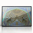 Large abstract wall art of a Middle Eastern scenery in muted earth tones, framed in black acrylic.