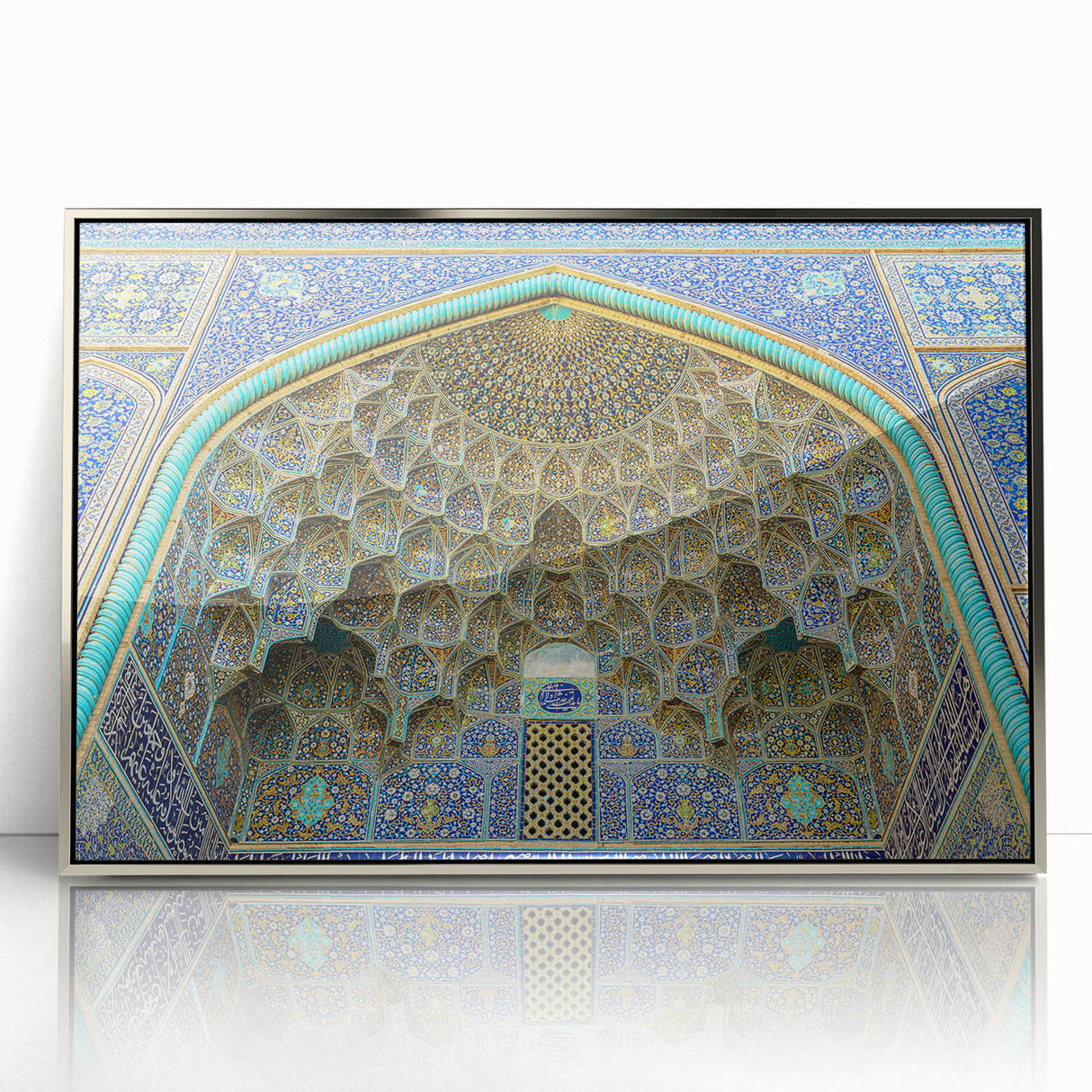 Mid-century modernist art depicting a serene Middle Eastern landscape in soft earth tones, framed acrylic.
