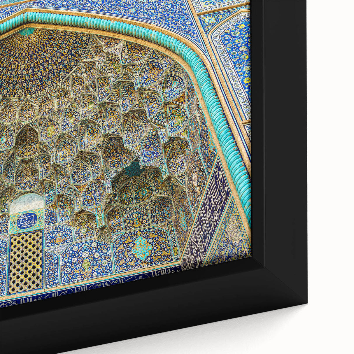 Textured black wall art depicting a Middle Eastern scenery in colorful hues on a large framed canvas.