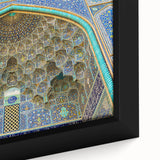 Textured black wall art depicting a Middle Eastern scenery in colorful hues on a large framed canvas.