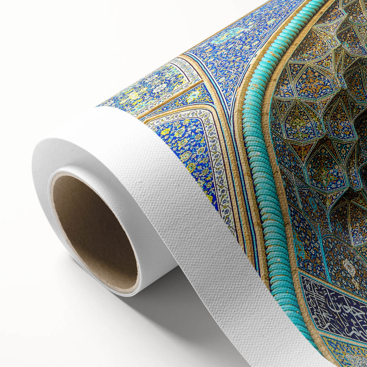 Art Deco-style poster of a Middle Eastern landscape in muted earth tones on rolled canvas.