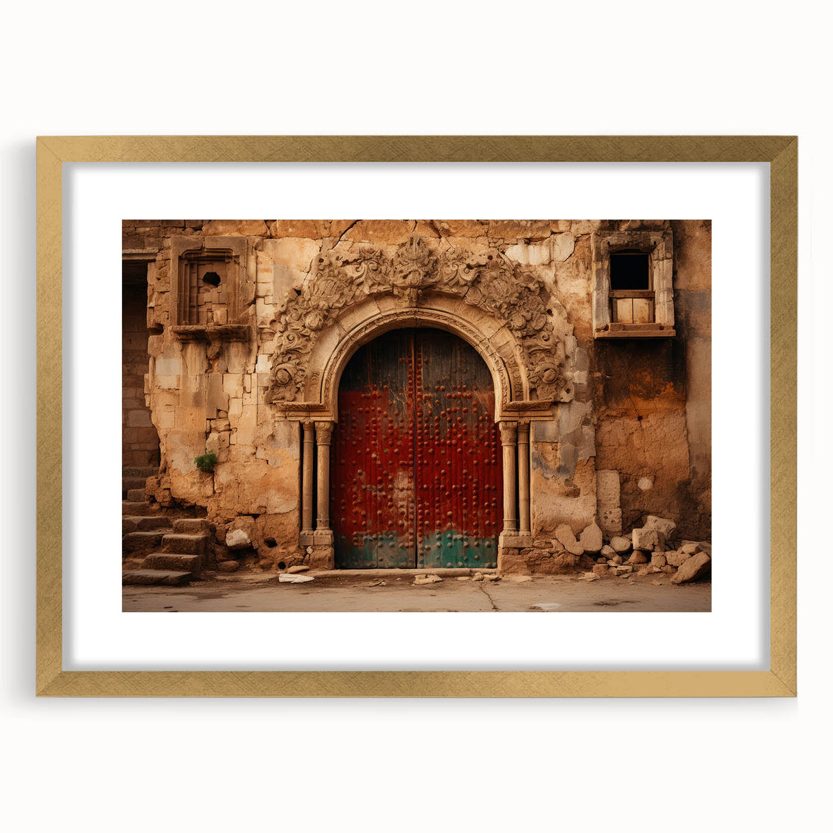 Extra large abstract art print depicting a textured Middle Eastern scenery in muted earth tones, framed in gold.