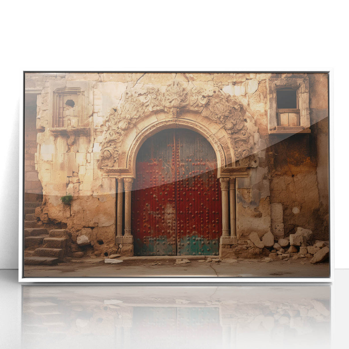 Framed acrylic print of a Middle Eastern cityscape in muted earth tones, ideal for modern art wall decor.