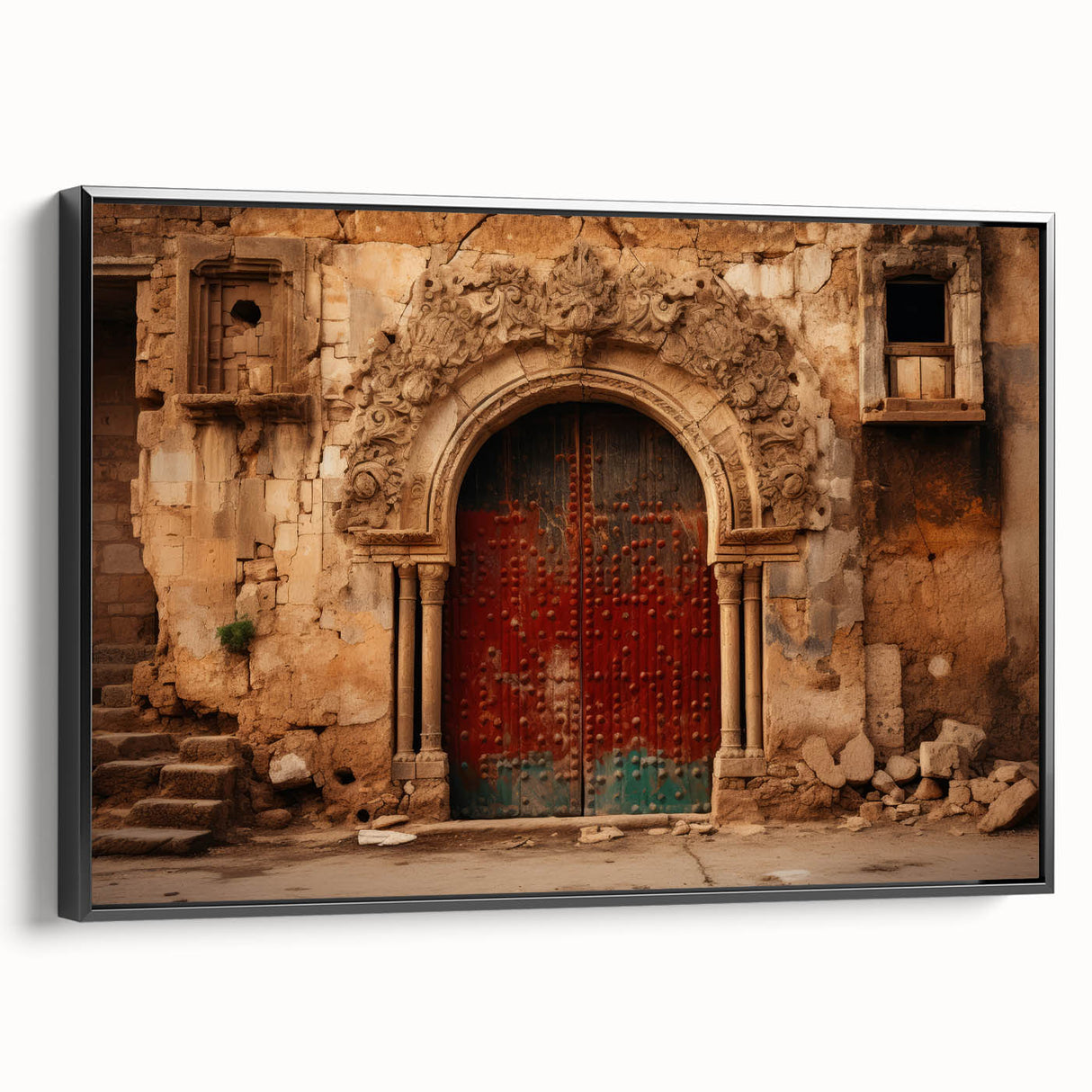 Black and white vintage poster art of a Middle Eastern landscape on framed canvas, suitable for bedroom decor.