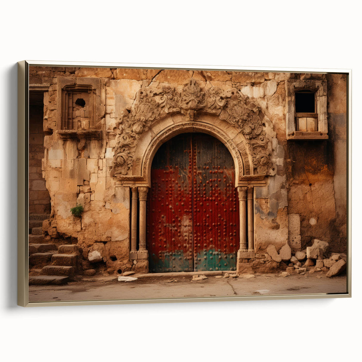 Framed canvas featuring a vintage-style landscape painting of a Middle Eastern scenery in gold and black tones.