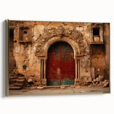 Framed canvas featuring a vintage-style landscape painting of a Middle Eastern scenery in gold and black tones.