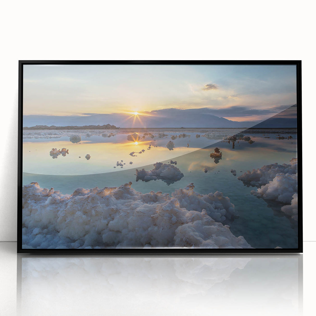 Large abstract wall art depicting the Dead Sea in Israel, rendered in muted blue and gray tones on a framed acrylic.