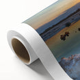 Art deco poster of the Dead Sea in muted blue and beige tones on rolled canvas.