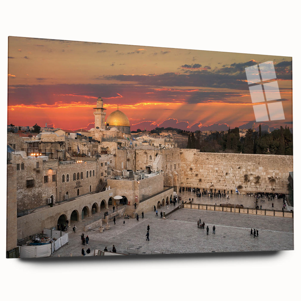 Large abstract wall art of Jerusalem skyline in muted earth tones on acrylic glass, ideal for bedroom or dining room decor.