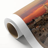 Art deco poster of Jerusalem skyline in muted gold and blue tones on rolled canvas, suitable as nursery wall art.
