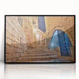Large abstract wall art of Tel Aviv skyline in muted gray and blue tones on a framed acrylic.