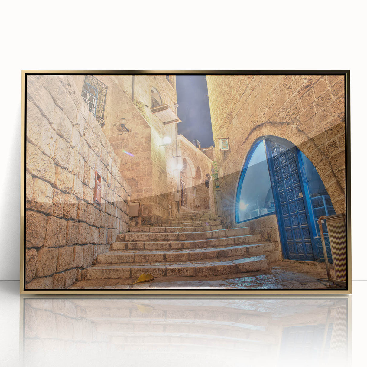 Framed acrylic print of Tel Aviv skyline in muted gold and beige tones, ideal for modern art wall decor.