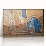 Framed acrylic print of Tel Aviv skyline in muted gold and beige tones, ideal for modern art wall decor.