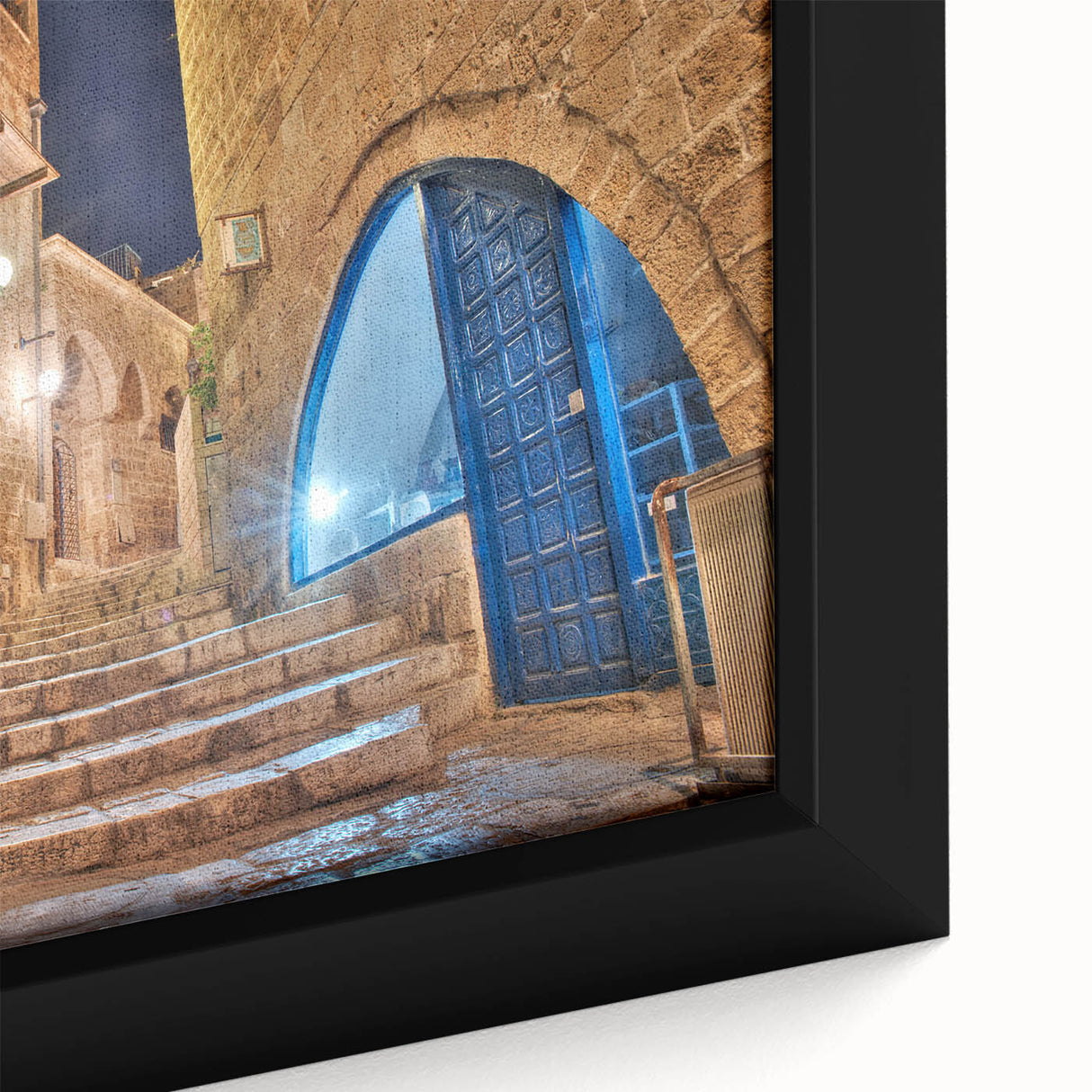 Extra large framed canvas of Tel Aviv skyline in textured black with colorful accents, ideal for living room decor.
