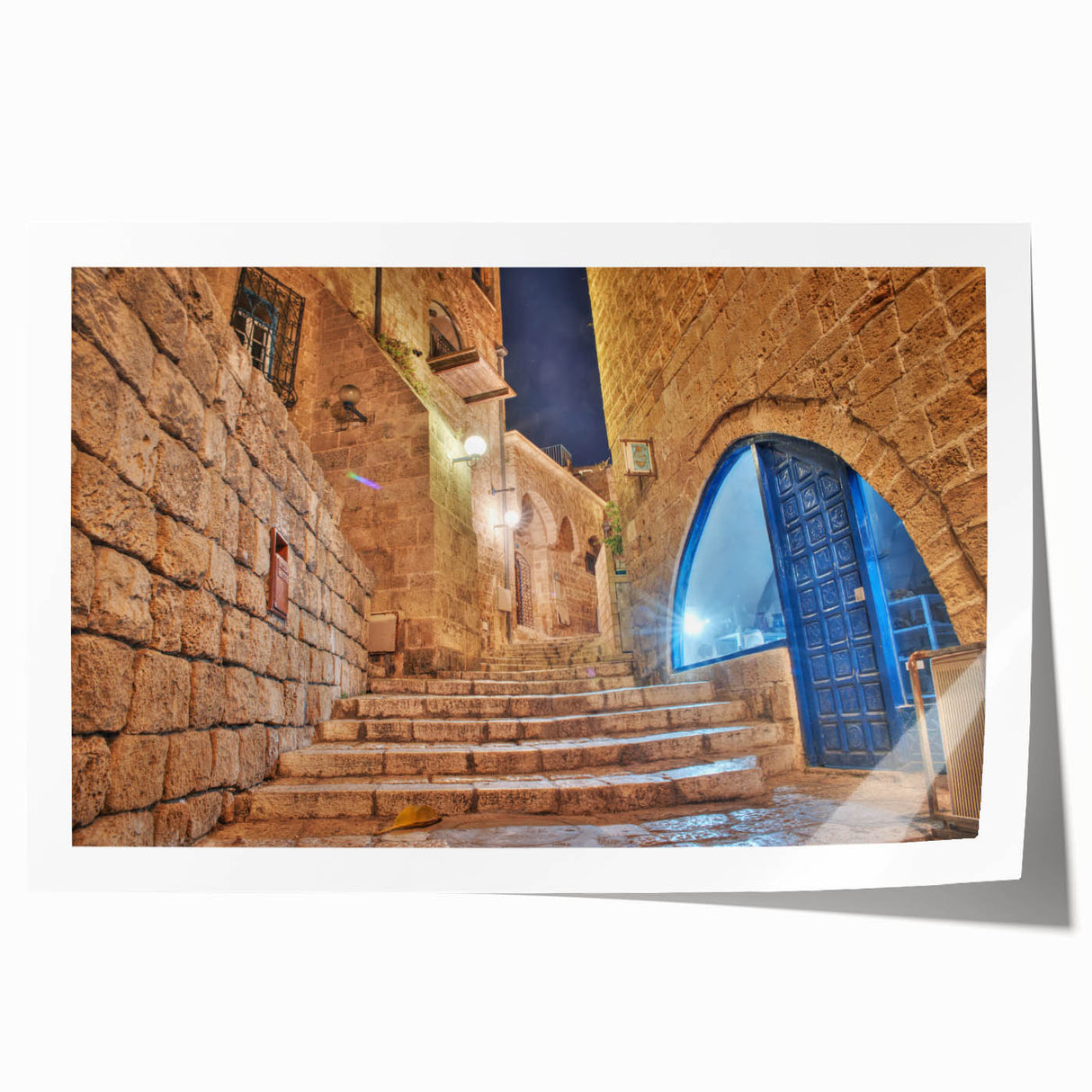 Tel Aviv cityscape in soft pastel shades on a rolled canvas, ideal for art wall dining room placement.