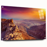 Large abstract wall art depicting a Middle-Eastern scenery in muted earth tones on acrylic glass.