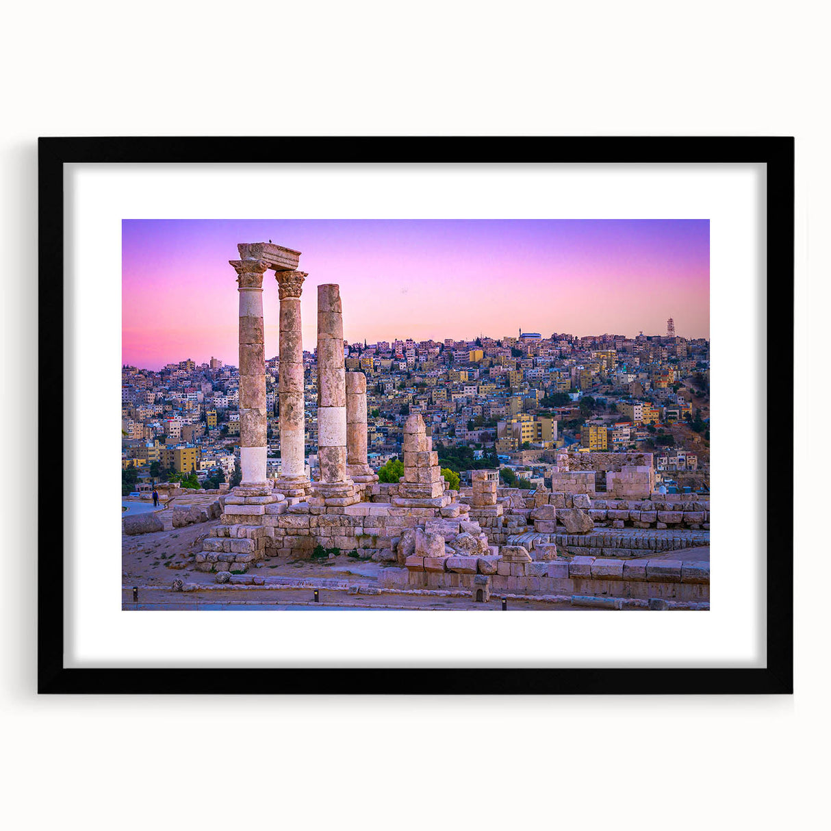 Extra large, textured abstract art print depicting colorful, abstract Middle Eastern scenery on a black framed canvas.