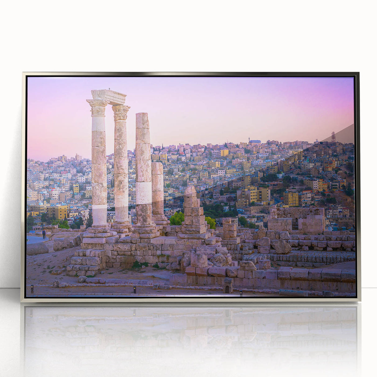 Mid-century modernist art depicting Jordan scenery in muted earth tones on a silver-framed acrylic print.