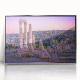 Mid-century modernist art depicting Jordan scenery in muted earth tones on a silver-framed acrylic print.