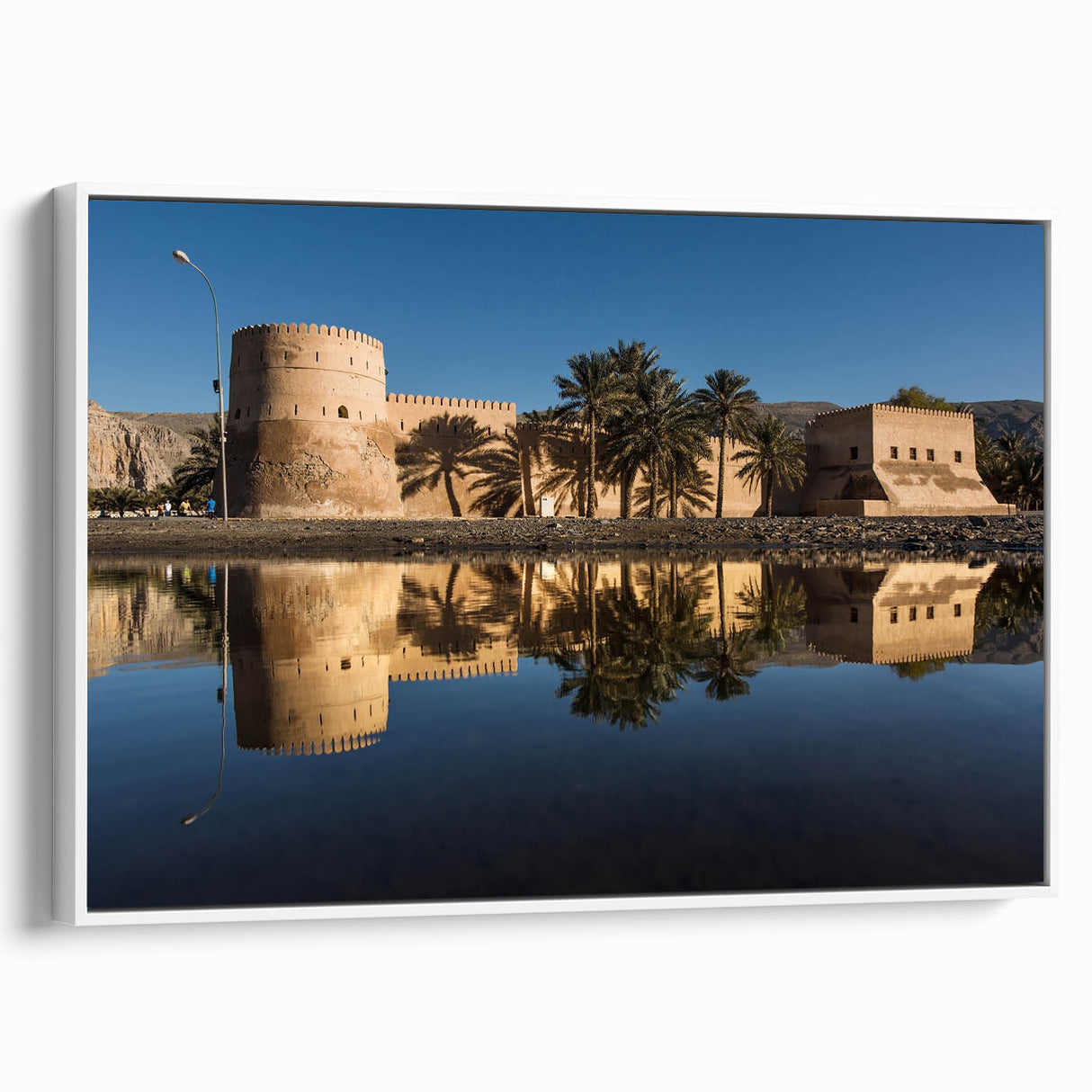 Vintage poster art featuring a scenic Middle Eastern landscape on extra large framed canvas, ideal for living room decor.