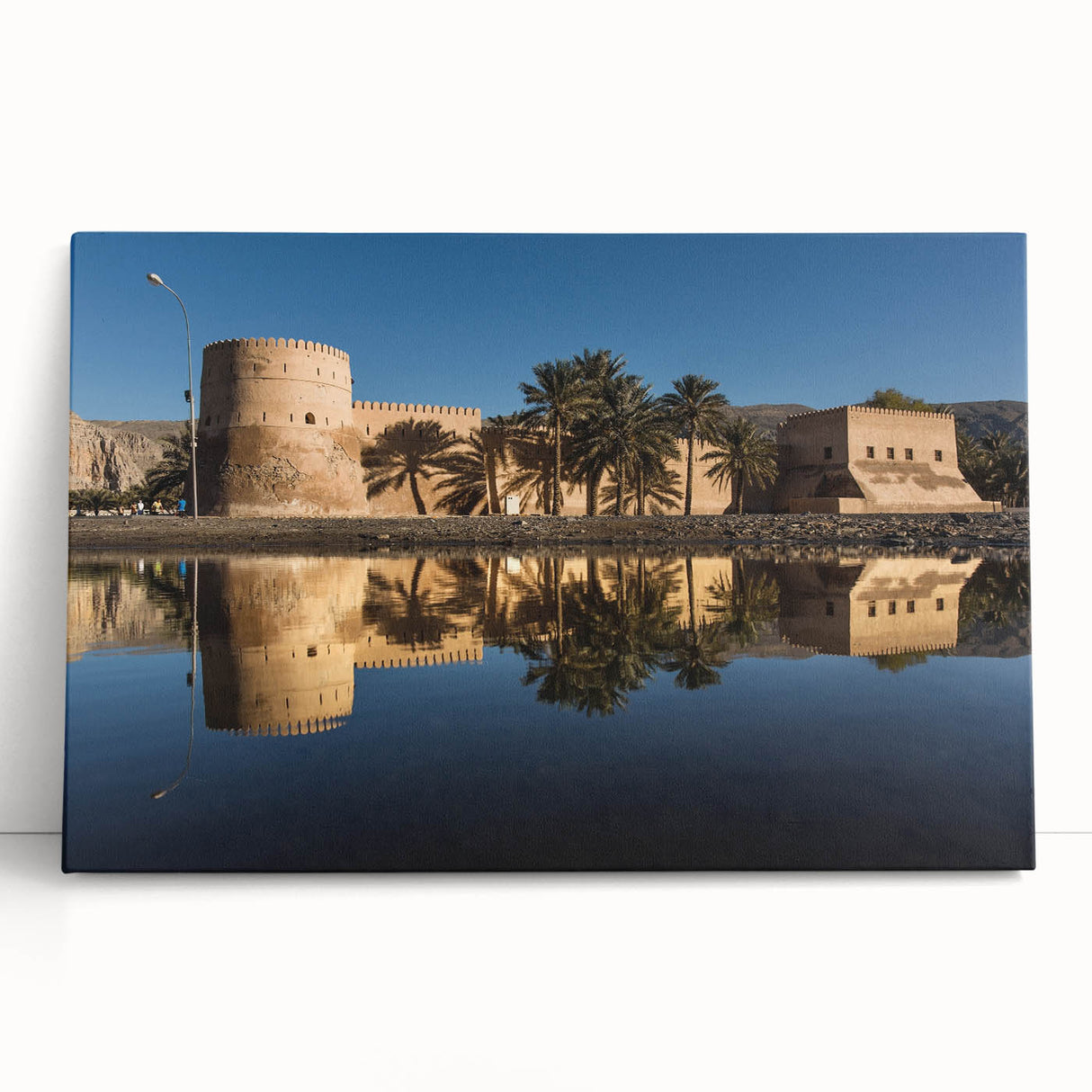 Black and white stretched canvas featuring a scenic Oman landscape, ideal for kitchen wall art or bedroom ambiance.