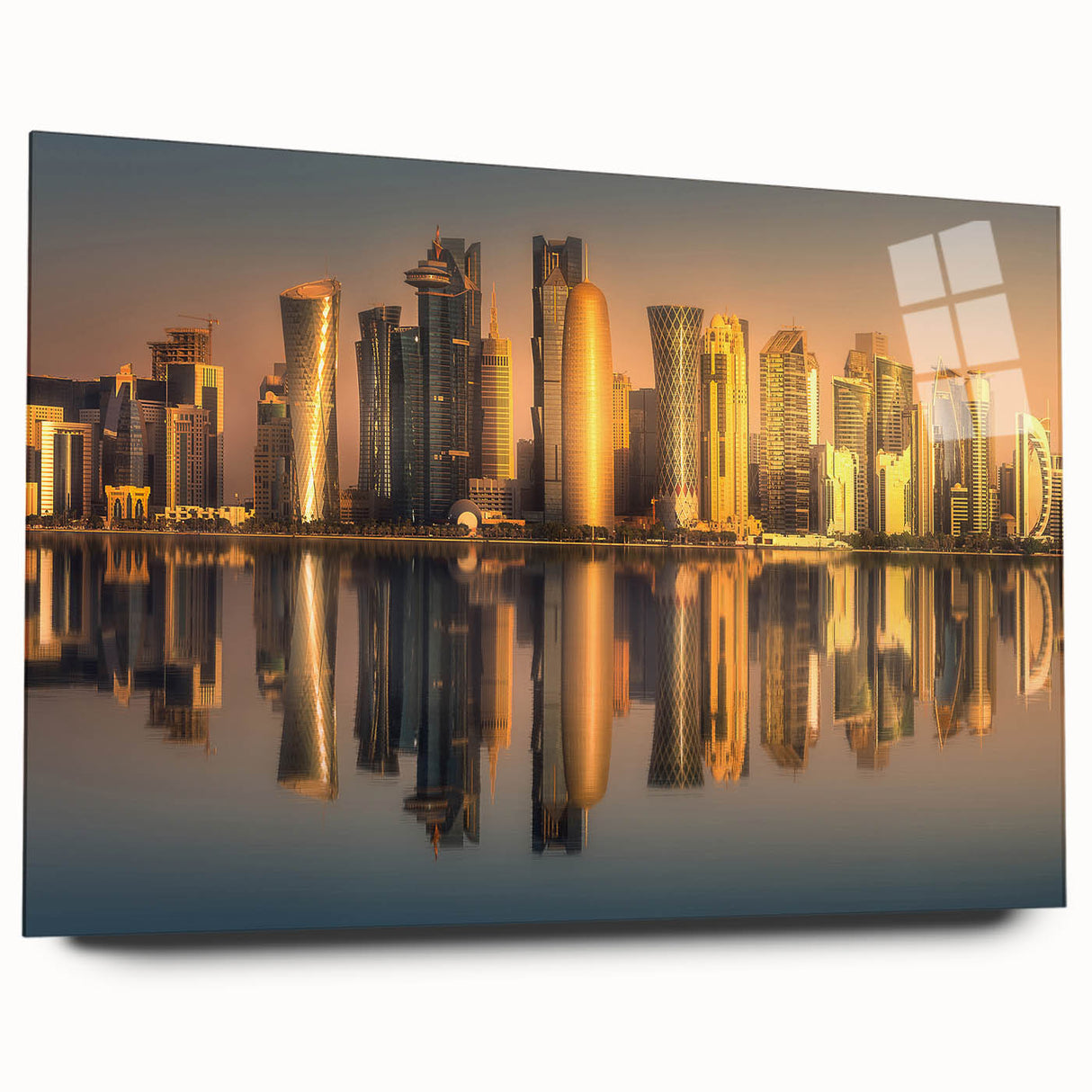 Large abstract wall art depicting the Qatar skyline in muted earth tones on acrylic glass.