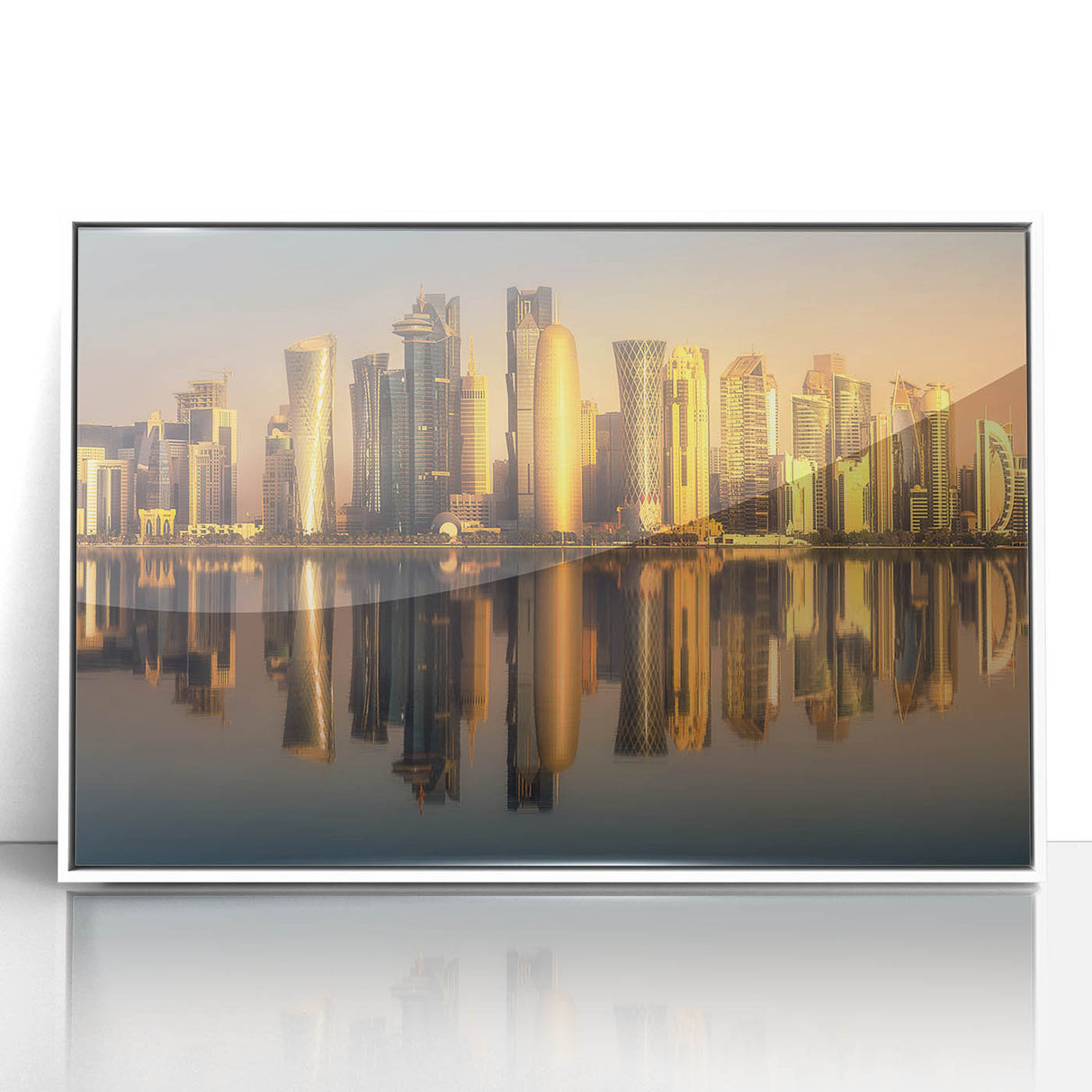 Art deco poster of Qatar scenery in muted gray and blue tones on framed acrylic, ideal for modern art wall decor.