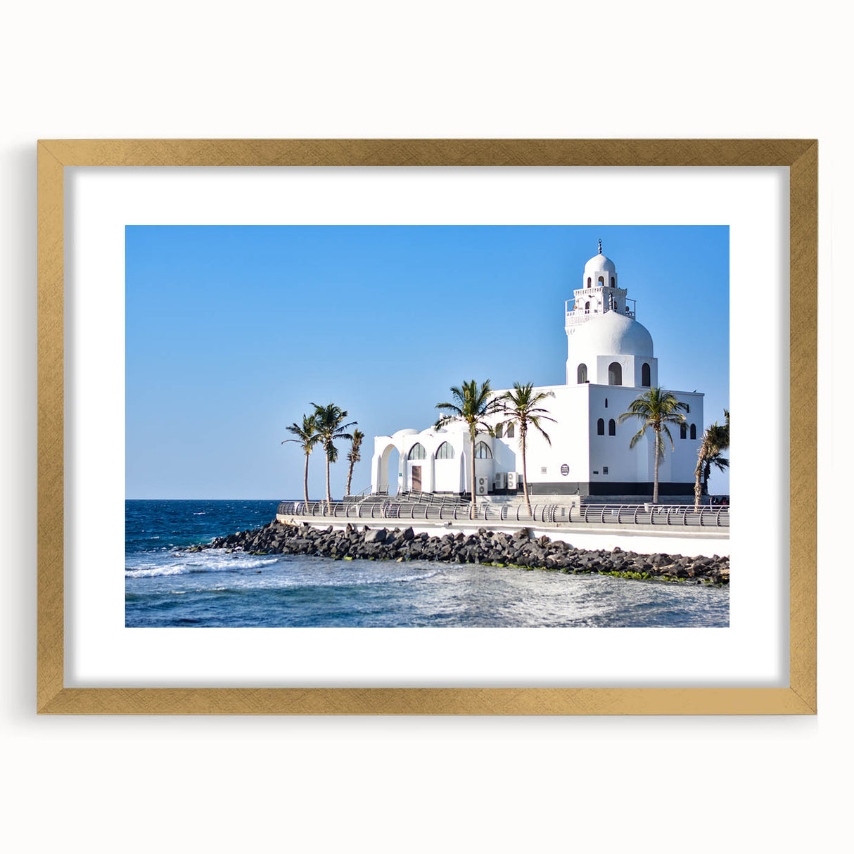 Extra large abstract art print featuring textured scenery of Saudi Arabia in gold tones, framed with mat.