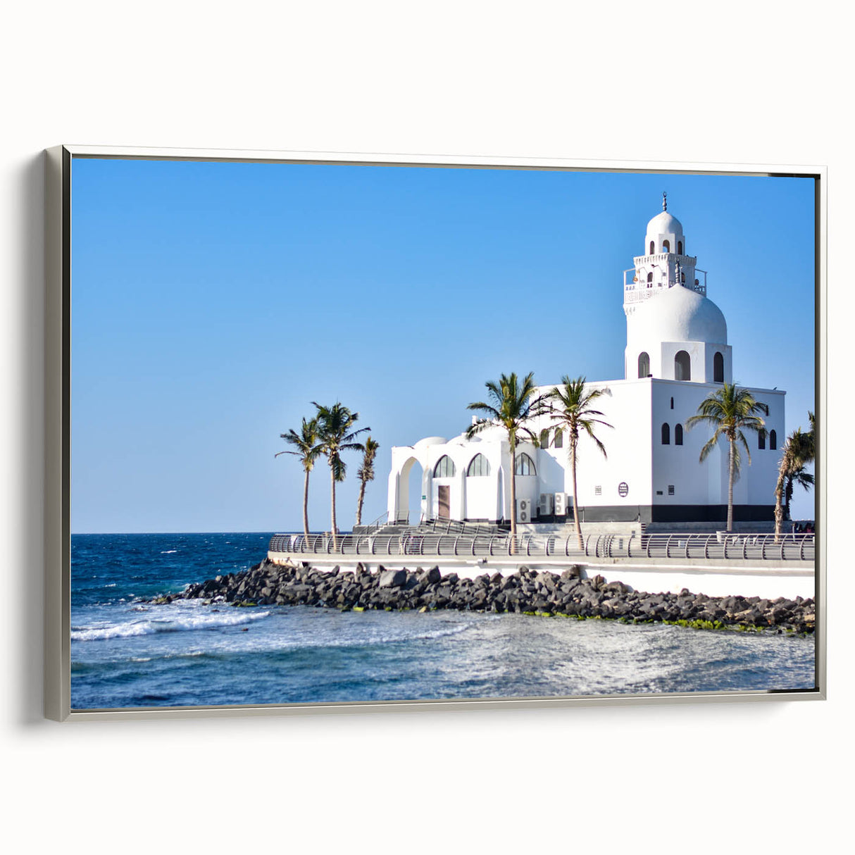 Landscape art painting of a Middle Eastern scenery in muted earth tones on a framed canvas, suitable for a living room.