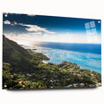 Abstract art print of French Polynesia scenery on acrylic glass, featuring vibrant ocean blues and greens.