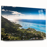 Abstract art print of French Polynesia scenery on acrylic glass, featuring vibrant ocean blues and greens.