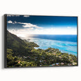 Black and white framed canvas of a Tahitian landscape, ideal for bedroom wall art.