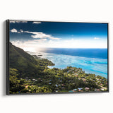 Black and white framed canvas of a Tahitian landscape, ideal for bedroom wall art.