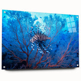 Large abstract wall art on acrylic glass depicting a Micronesian ocean scene, using cool blue and turquoise tones.