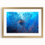 Extra large abstract art print featuring textured oceanic and Micronesian scenery in muted blue and gold tones.