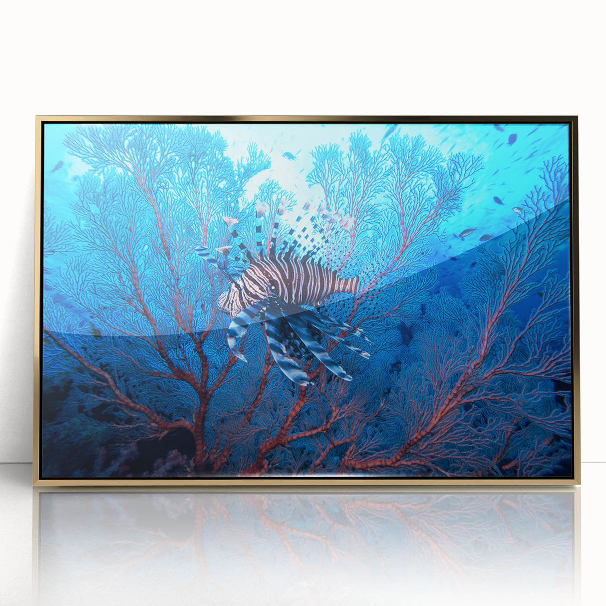 Large art print of Oceania scenery in Micronesia, featuring mid-century modernist style with vibrant blue and green tones.