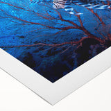 Art deco poster featuring an oceanic Micronesian scenery in muted blue tones on rolled canvas.