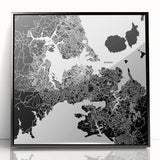Large abstract wall art of Auckland skyline in muted gray and blue tones on a framed acrylic.