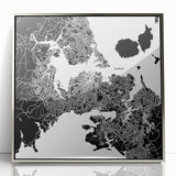 Mid-century modernist art of Auckland skyline in muted blue tones on a silver-framed acrylic.