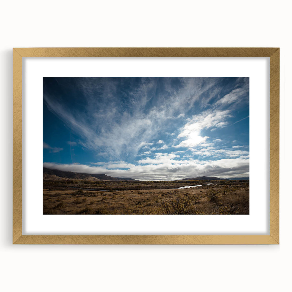 Extra large abstract art print of Otago, New Zealand, in textured gold frame, ideal for living room decor.