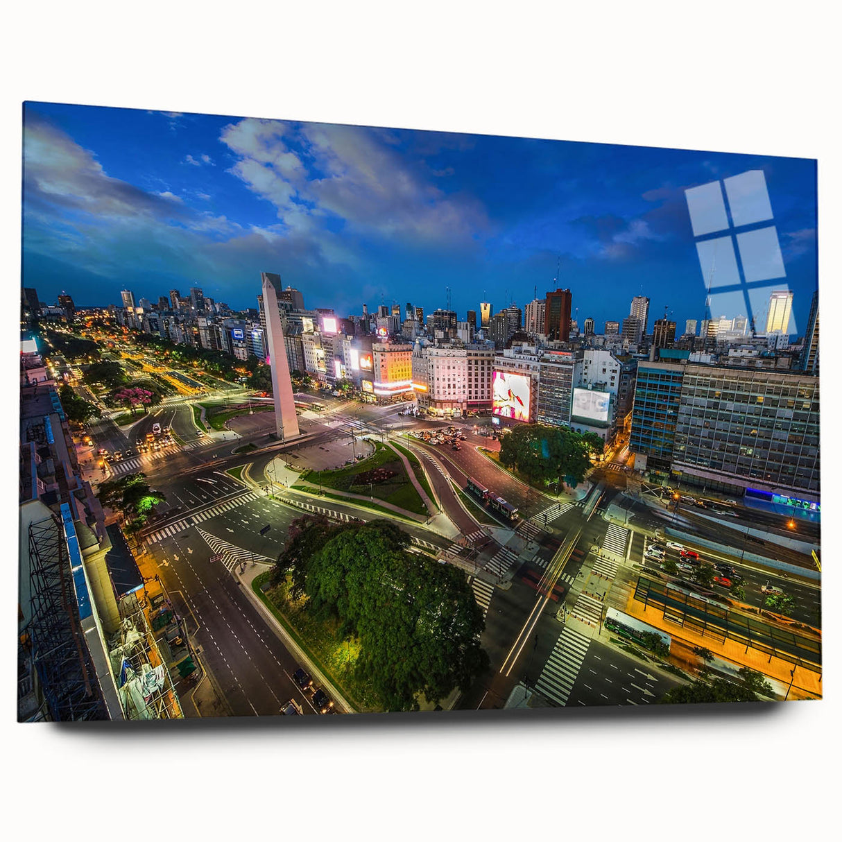 Acrylic print of a large abstract depiction of Buenos Aires in muted blue and green tones.