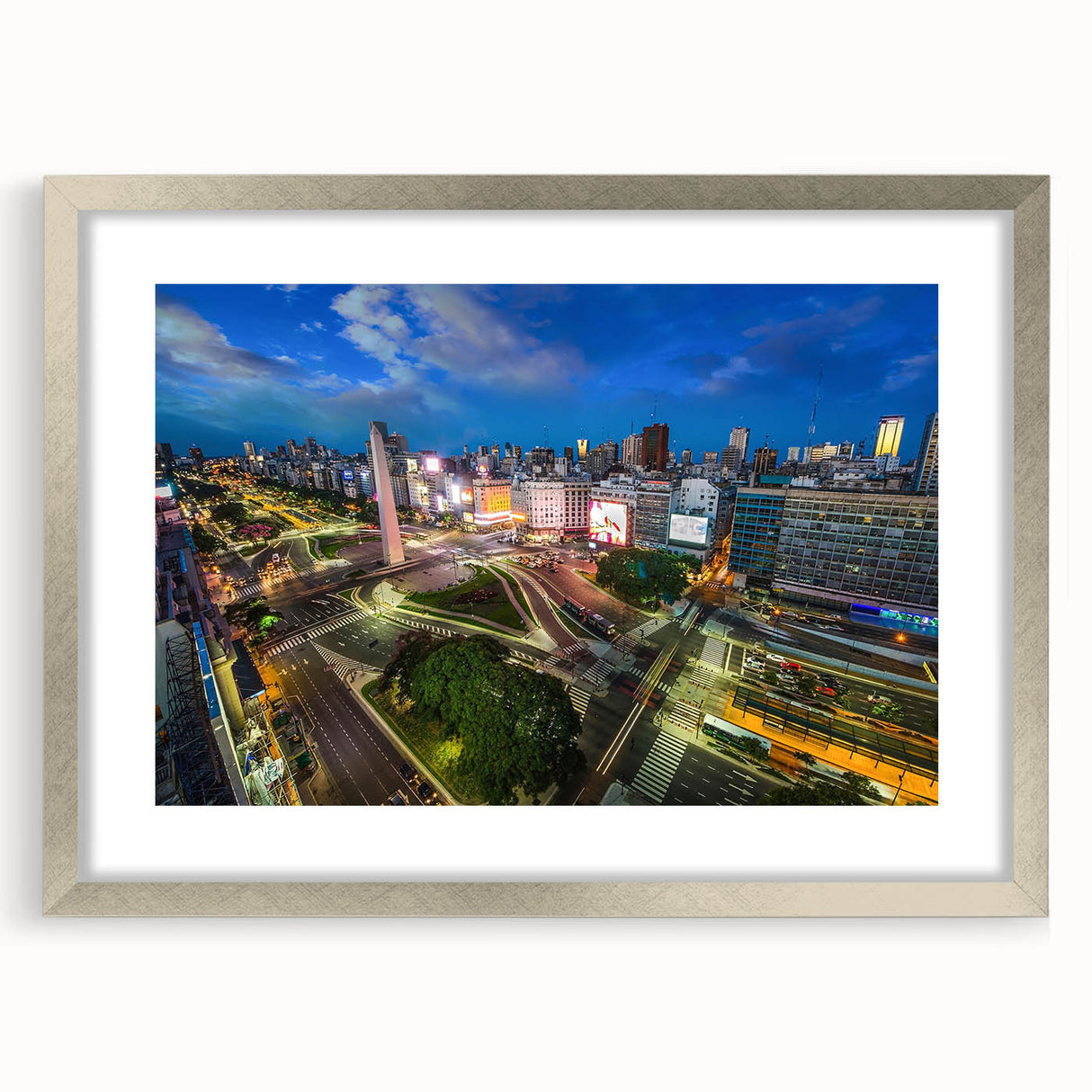 Abstract textured art print depicting a muted color palette of Buenos Aires skyline in a silver frame.